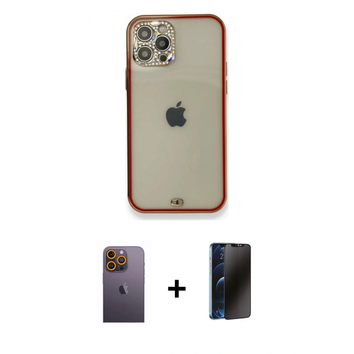 MARSİLYAN™- iPhone 12 Pro Kılıf Eksen Minimal Koleksiyonu - Siyah 3D Antistatik Hayalet Cam Ekran Koruyucu + Neon Fosforlu Kamera Lens - SI