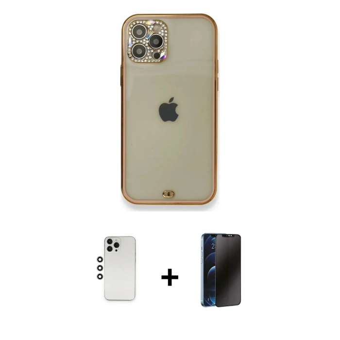 MARSİLYAN™- iPhone 12 Pro Kılıf Eksen Minimal Koleksiyonu - Siyah 3D Antistatik Hayalet Cam Ekran Koruyucu + Shine Kamera Lens - GS