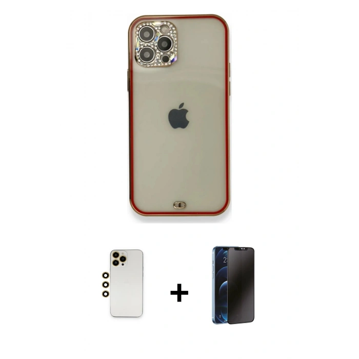 MARSİLYAN™- iPhone 12 Pro Kılıf Eksen Minimal Koleksiyonu - Siyah 3D Antistatik Hayalet Cam Ekran Koruyucu + Shine Kamera Lens - GD