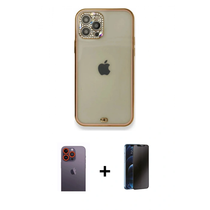 MARSİLYAN™- iPhone 12 Pro Kılıf Eksen Minimal Koleksiyonu - Siyah 3D Antistatik Hayalet Cam Ekran Koruyucu + Neon Fosforlu Kamera Lens - TU