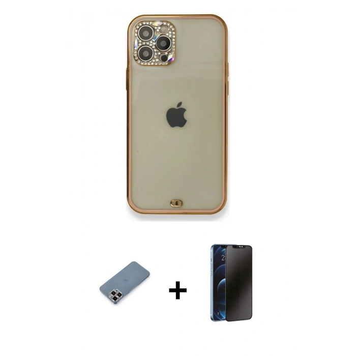 MARSİLYAN™- iPhone 12 Pro Kılıf Eksen Minimal Koleksiyonu - Siyah 3D Antistatik Hayalet Cam Ekran Koruyucu + Metal Kamera Lens Koruma Cam - MR