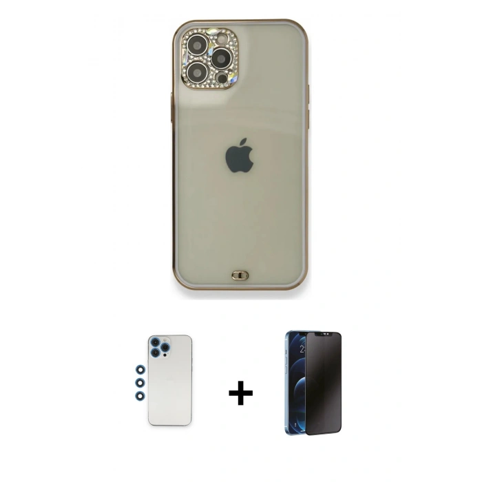 MARSİLYAN™- iPhone 12 Pro Kılıf Eksen Minimal Koleksiyonu - Siyah 3D Antistatik Hayalet Cam Ekran Koruyucu + Shine Kamera Lens - MI