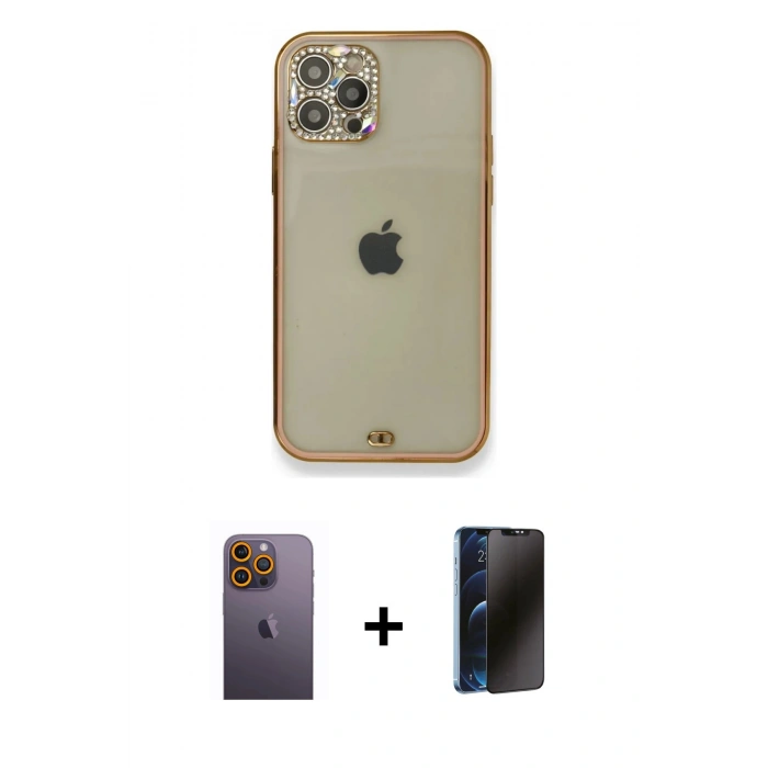 MARSİLYAN™- iPhone 12 Pro Kılıf Eksen Minimal Koleksiyonu - Siyah 3D Antistatik Hayalet Cam Ekran Koruyucu + Neon Fosforlu Kamera Lens - SI