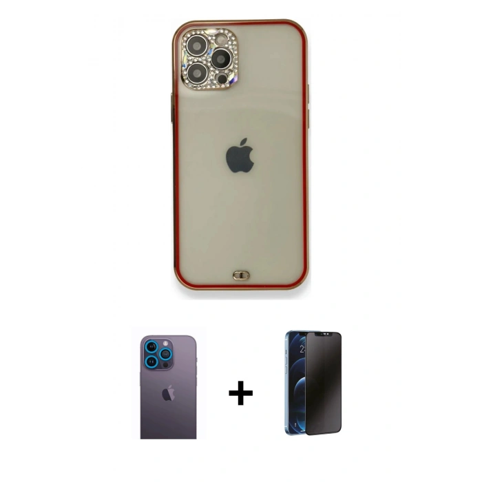 MARSİLYAN™- iPhone 12 Pro Kılıf Eksen Minimal Koleksiyonu - Siyah 3D Antistatik Hayalet Cam Ekran Koruyucu + Neon Fosforlu Kamera Lens - MI
