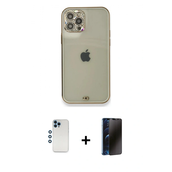 MARSİLYAN™- iPhone 12 Pro Kılıf Eksen Minimal Koleksiyonu - Siyah 3D Antistatik Hayalet Cam Ekran Koruyucu + Shine Kamera Lens - MI