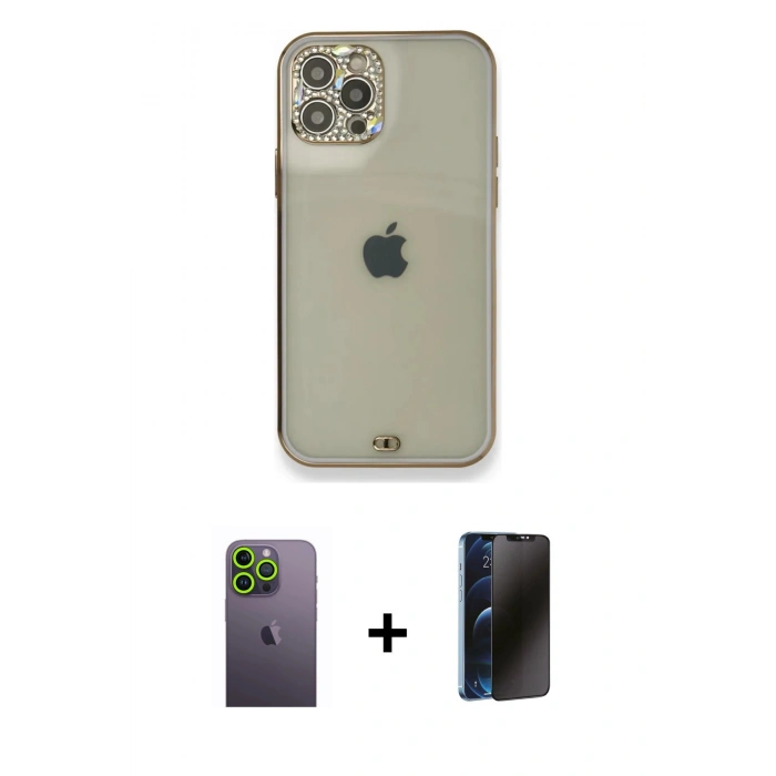 MARSİLYAN™- iPhone 12 Pro Kılıf Eksen Minimal Koleksiyonu - Siyah 3D Antistatik Hayalet Cam Ekran Koruyucu + Neon Fosforlu Kamera Lens - YL