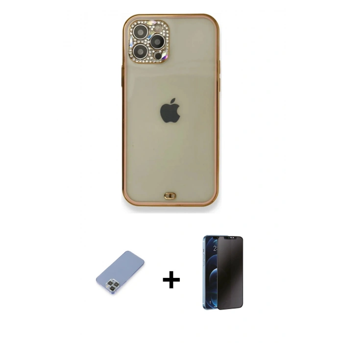 MARSİLYAN™- iPhone 12 Pro Kılıf Eksen Minimal Koleksiyonu - Siyah 3D Antistatik Hayalet Cam Ekran Koruyucu + Metal Kamera Lens Koruma Cam - KUYL