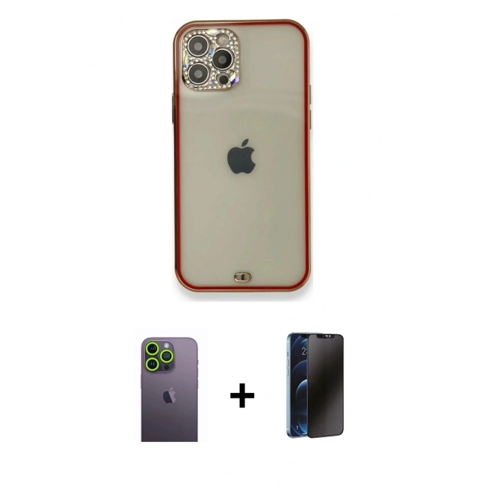 MARSİLYAN™- iPhone 12 Pro Kılıf Eksen Minimal Koleksiyonu - Siyah 3D Antistatik Hayalet Cam Ekran Koruyucu + Neon Fosforlu Kamera Lens - YL