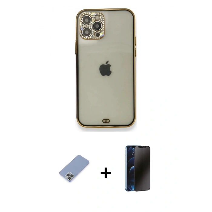 MARSİLYAN™- iPhone 12 Pro Kılıf Eksen Minimal Koleksiyonu - Siyah 3D Antistatik Hayalet Cam Ekran Koruyucu + Metal Kamera Lens Koruma Cam - KUYL