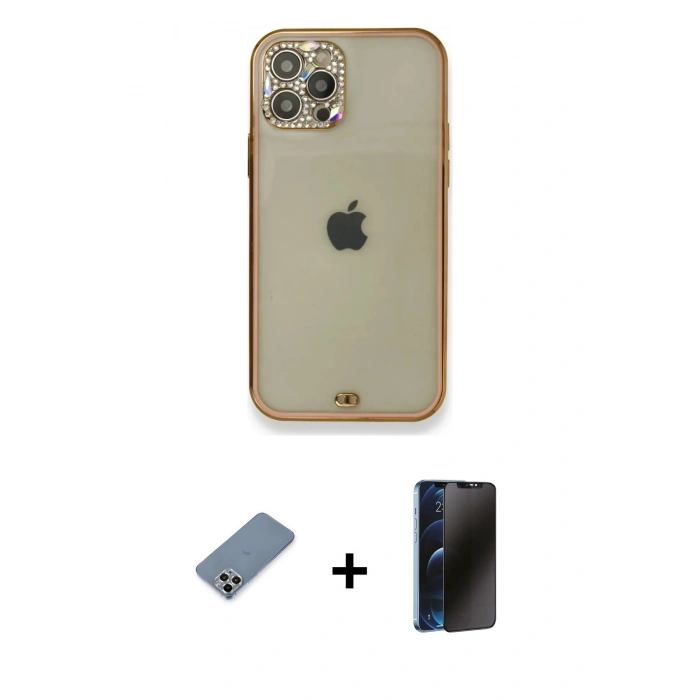 MARSİLYAN™- iPhone 12 Pro Kılıf Eksen Minimal Koleksiyonu - Siyah 3D Antistatik Hayalet Cam Ekran Koruyucu + Metal Kamera Lens Koruma Cam - GS