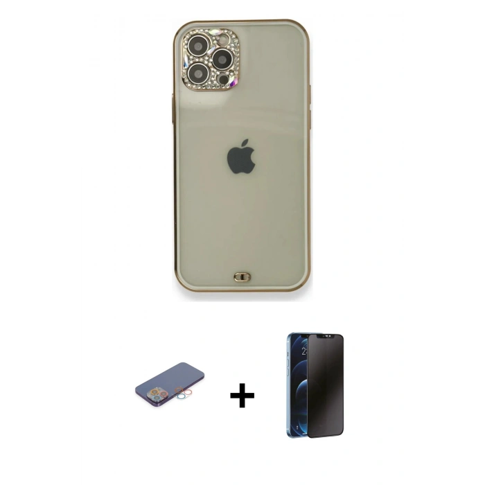 MARSİLYAN™- iPhone 12 Pro Kılıf Eksen Minimal Koleksiyonu - Siyah 3D Antistatik Hayalet Cam Ekran Koruyucu + Renkli Kamera Lens Koruma Cam - PE