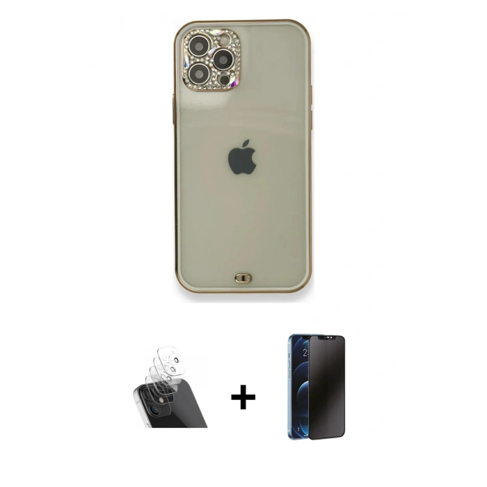 MARSİLYAN™- iPhone 12 Pro Kılıf Eksen Minimal Koleksiyonu - Siyah 3D Antistatik Hayalet Cam Ekran Koruyucu + Kamera Lens Koruma Cam - SF