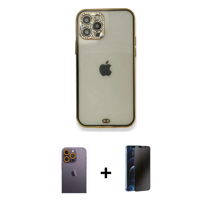MARSİLYAN™- iPhone 12 Pro Kılıf Eksen Minimal Koleksiyonu - Siyah 3D Antistatik Hayalet Cam Ekran Koruyucu + Neon Fosforlu Kamera Lens - SI