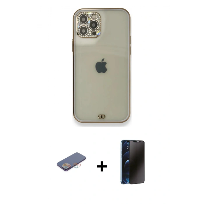 MARSİLYAN™- iPhone 12 Pro Kılıf Eksen Minimal Koleksiyonu - Siyah 3D Antistatik Hayalet Cam Ekran Koruyucu + Renkli Kamera Lens Koruma Cam - PE