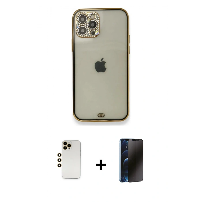 MARSİLYAN™- iPhone 12 Pro Kılıf Eksen Minimal Koleksiyonu - Siyah 3D Antistatik Hayalet Cam Ekran Koruyucu + Shine Kamera Lens - GD