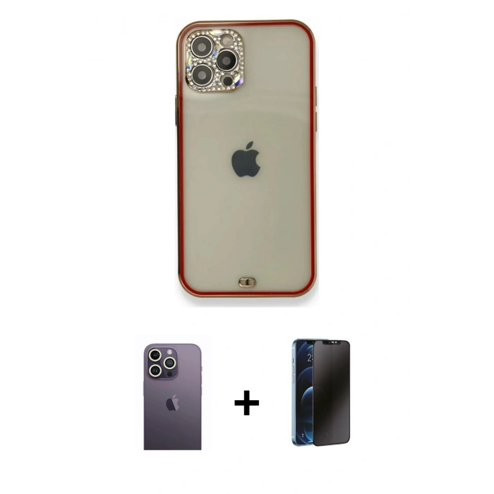 MARSİLYAN™- iPhone 12 Pro Kılıf Eksen Minimal Koleksiyonu - Siyah 3D Antistatik Hayalet Cam Ekran Koruyucu + Beyaz Neon Fosforlu Kamera Lens