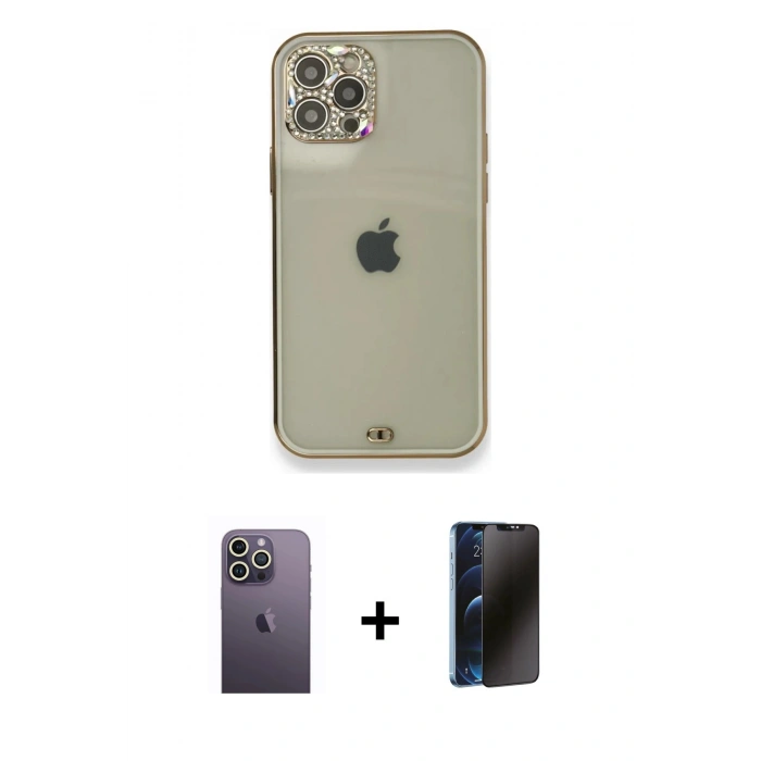 MARSİLYAN™- iPhone 12 Pro Kılıf Eksen Minimal Koleksiyonu - Siyah 3D Antistatik Hayalet Cam Ekran Koruyucu + Beyaz Neon Fosforlu Kamera Lens