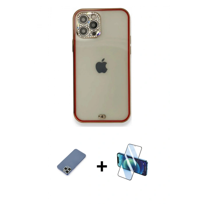 MARSİLYAN™- iPhone 12 Pro Kılıf Eksen Minimal Koleksiyonu - Siyah 3D Antistatik Seramik Nano Ekran Koruyucu + Metal Kamera Lens Koruma Cam - AKYL