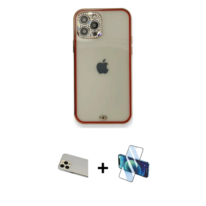 MARSİLYAN™- iPhone 12 Pro Kılıf Eksen Minimal Koleksiyonu - Siyah 3D Antistatik Seramik Nano Ekran Koruyucu + Rainbow Kamera Lens Koruma Cam - GD