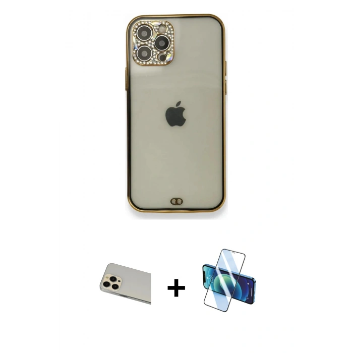MARSİLYAN™- iPhone 12 Pro Kılıf Eksen Minimal Koleksiyonu - Siyah 3D Antistatik Seramik Nano Ekran Koruyucu + Rainbow Kamera Lens Koruma Cam - GD