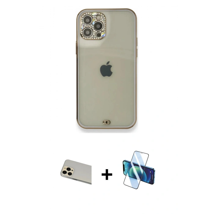 MARSİLYAN™- iPhone 12 Pro Kılıf Eksen Minimal Koleksiyonu - Siyah 3D Antistatik Seramik Nano Ekran Koruyucu + Rainbow Kamera Lens Koruma Cam - GD