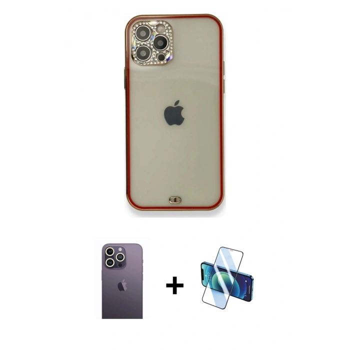 MARSİLYAN™- iPhone 12 Pro Kılıf Eksen Minimal Koleksiyonu - Siyah 3D Antistatik Seramik Nano Ekran Koruyucu + Neon Fosforlu Kamera Lens - BZ