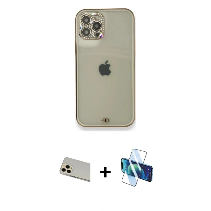 MARSİLYAN™- iPhone 12 Pro Kılıf Eksen Minimal Koleksiyonu - Siyah 3D Antistatik Seramik Nano Ekran Koruyucu + Rainbow Kamera Lens Koruma Cam - GD