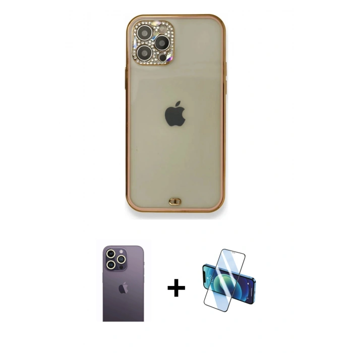 MARSİLYAN™- iPhone 12 Pro Kılıf Eksen Minimal Koleksiyonu - Siyah 3D Antistatik Seramik Nano Ekran Koruyucu + Neon Fosforlu Kamera Lens - BZ