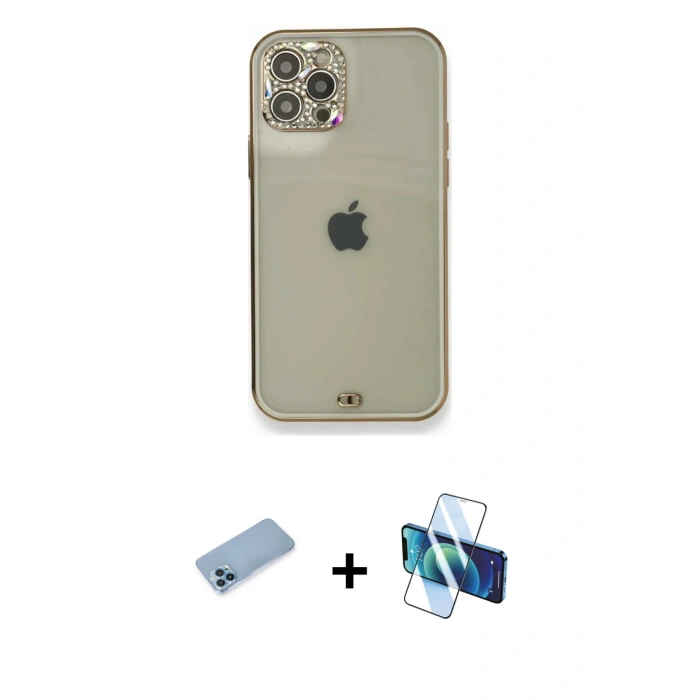 MARSİLYAN™- iPhone 12 Pro Kılıf Eksen Minimal Koleksiyonu - Siyah 3D Antistatik Seramik Nano Ekran Koruyucu + Shine Kamera Lens Koruma Cam - MI