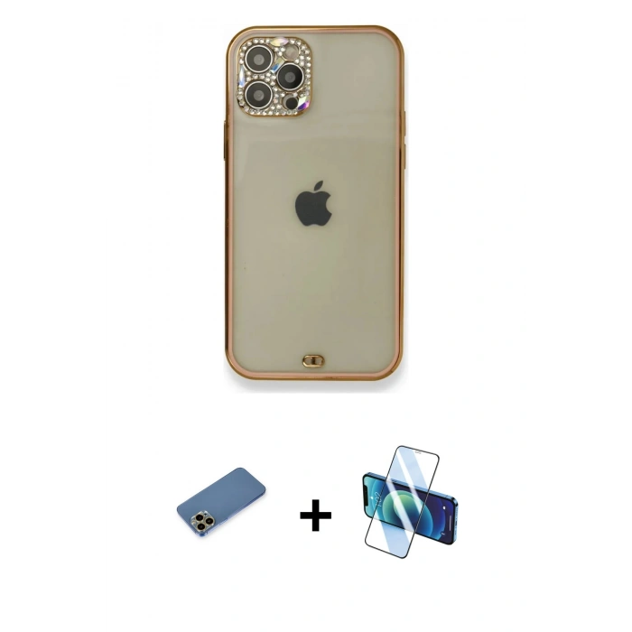 MARSİLYAN™- iPhone 12 Pro Kılıf Eksen Minimal Koleksiyonu - Siyah 3D Antistatik Seramik Nano Ekran Koruyucu + Gold Shine Kamera Lens Koruma Cam