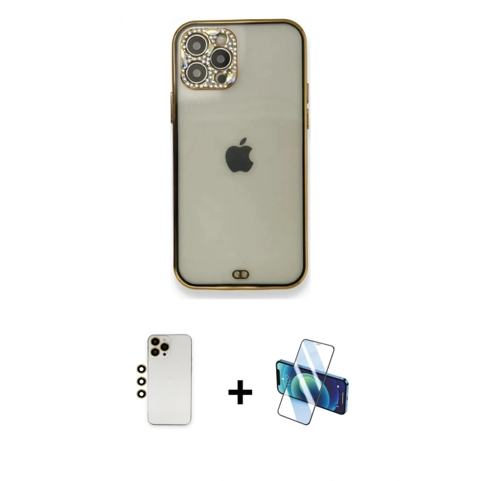 MARSİLYAN™- iPhone 12 Pro Kılıf Eksen Minimal Koleksiyonu - Siyah 3D Antistatik Seramik Nano Ekran Koruyucu + Shine Kamera Lens - GD