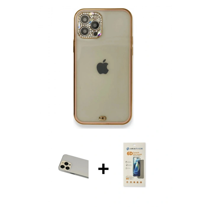 MARSİLYAN™- iPhone 12 Pro Kılıf Eksen Minimal Koleksiyonu - Siyah 6D Mat Seramik Hayalet Nano Ekran Koruyucu + Rainbow Kamera Lens Koruma Cam - GD