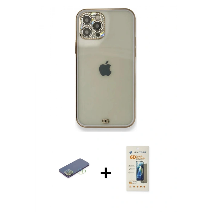 MARSİLYAN™- iPhone 12 Pro Kılıf Eksen Minimal Koleksiyonu - Siyah 6D Mat Seramik Hayalet Nano Ekran Koruyucu + Yeşil Renkli Kamera Lens Koruma Cam
