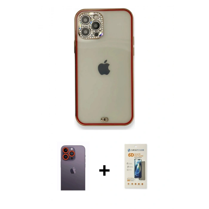 MARSİLYAN™- iPhone 12 Pro Kılıf Eksen Minimal Koleksiyonu - Siyah 6D Mat Seramik Hayalet Nano Ekran Koruyucu + Neon Fosforlu Kamera Lens - TU