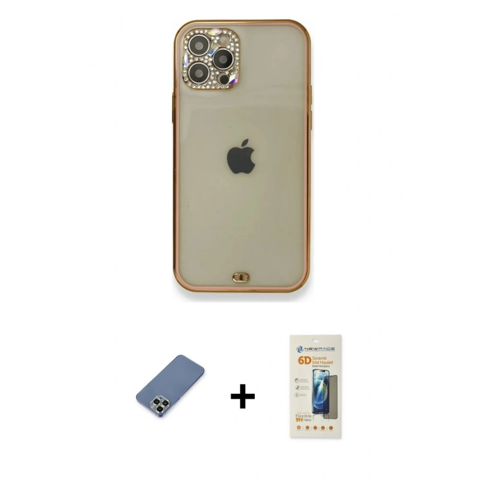 MARSİLYAN™- iPhone 12 Pro Kılıf Eksen Minimal Koleksiyonu - Siyah 6D Mat Seramik Hayalet Nano Ekran Koruyucu + Metal Kamera Lens Koruma Cam - AKYL