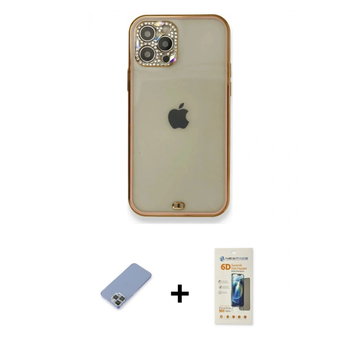 MARSİLYAN™- iPhone 12 Pro Kılıf Eksen Minimal Koleksiyonu - Siyah 6D Mat Seramik Hayalet Nano Ekran Koruyucu + Koyu Yeşil Metal Kamera Lens Koruma Cam