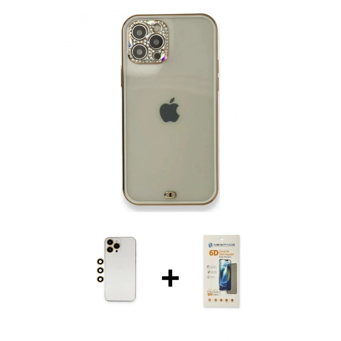 MARSİLYAN™- iPhone 12 Pro Kılıf Eksen Minimal Koleksiyonu - Siyah 6D Mat Seramik Hayalet Nano Ekran Koruyucu + Shine Kamera Lens - GD
