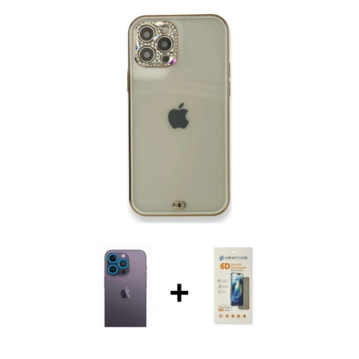MARSİLYAN™- iPhone 12 Pro Kılıf Eksen Minimal Koleksiyonu - Siyah 6D Mat Seramik Hayalet Nano Ekran Koruyucu + Neon Fosforlu Kamera Lens - MI