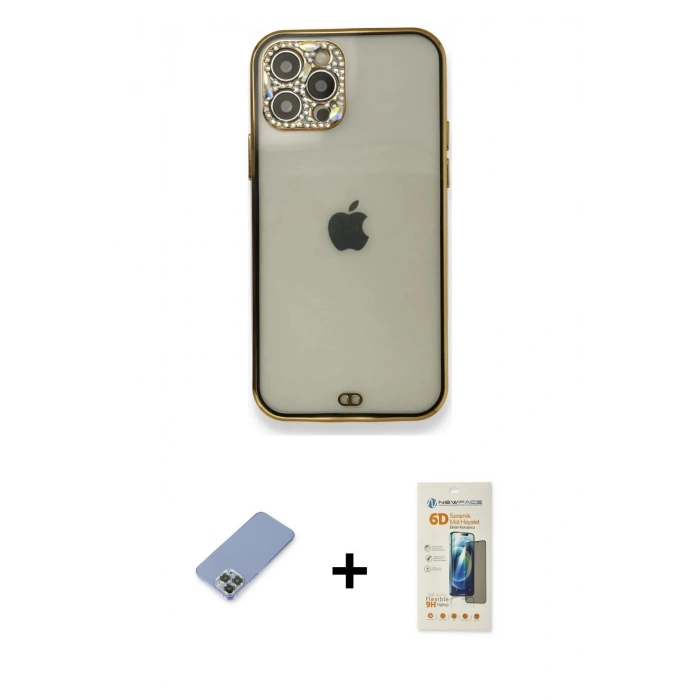 MARSİLYAN™- iPhone 12 Pro Kılıf Eksen Minimal Koleksiyonu - Siyah 6D Mat Seramik Hayalet Nano Ekran Koruyucu + Koyu Yeşil Metal Kamera Lens Koruma Cam