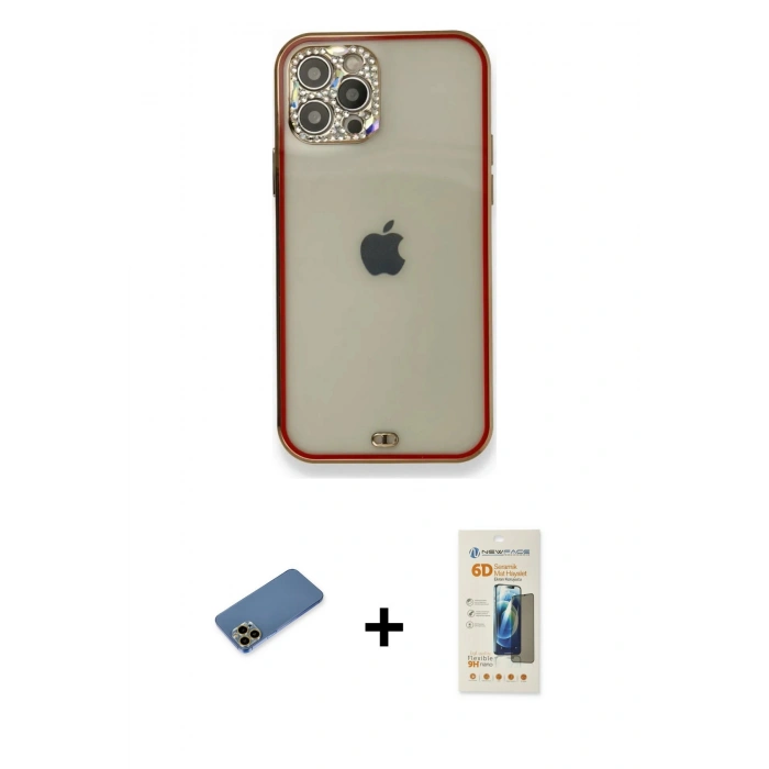 MARSİLYAN™- iPhone 12 Pro Kılıf Eksen Minimal Koleksiyonu - Siyah 6D Mat Seramik Hayalet Nano Ekran Koruyucu + Shine Kamera Lens Koruma Cam - GD