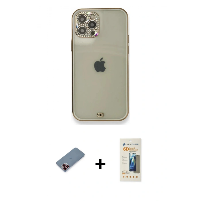 MARSİLYAN™- iPhone 12 Pro Kılıf Eksen Minimal Koleksiyonu - Siyah 6D Mat Seramik Hayalet Nano Ekran Koruyucu + Metal Kamera Lens Koruma Cam - KI