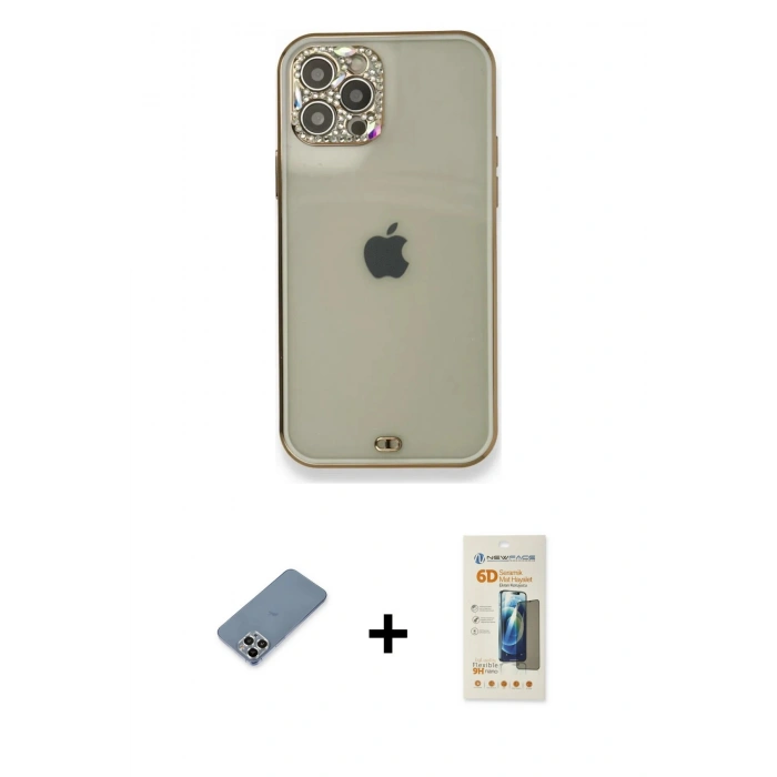 MARSİLYAN™- iPhone 12 Pro Kılıf Eksen Minimal Koleksiyonu - Siyah 6D Mat Seramik Hayalet Nano Ekran Koruyucu + Metal Kamera Lens Koruma Cam - GS