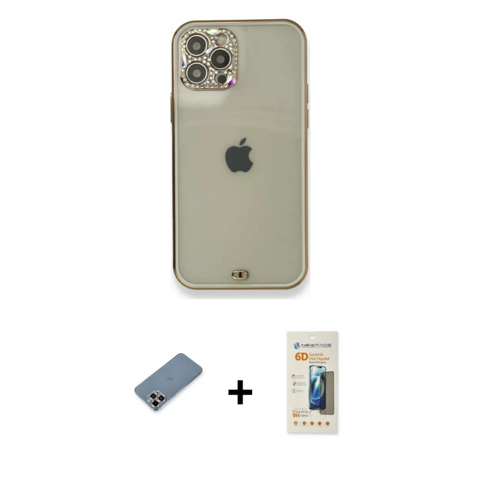 MARSİLYAN™- iPhone 12 Pro Kılıf Eksen Minimal Koleksiyonu - Siyah 6D Mat Seramik Hayalet Nano Ekran Koruyucu + Metal Kamera Lens Koruma Cam - MR