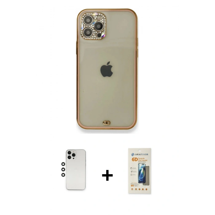 MARSİLYAN™- iPhone 12 Pro Kılıf Eksen Minimal Koleksiyonu - Siyah 6D Mat Seramik Hayalet Nano Ekran Koruyucu + Shine Kamera Lens - GS
