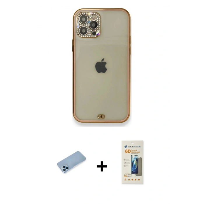 MARSİLYAN™- iPhone 12 Pro Kılıf Eksen Minimal Koleksiyonu - Siyah 6D Mat Seramik Hayalet Nano Ekran Koruyucu + Shine Kamera Lens Koruma Cam - MI