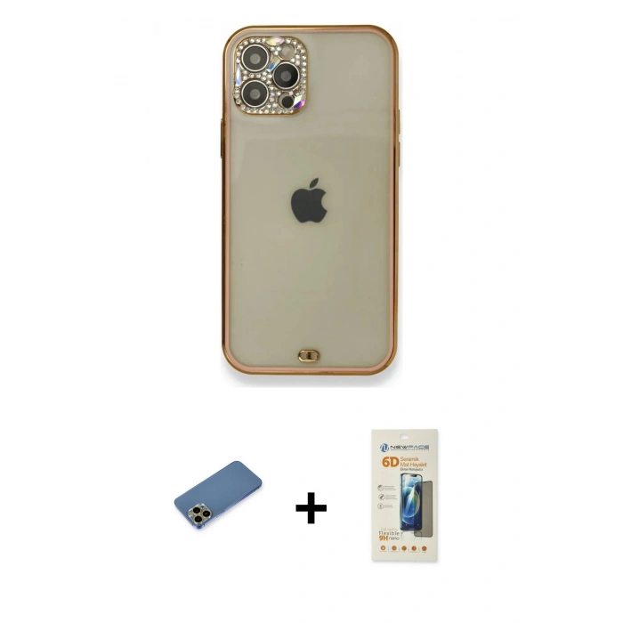 MARSİLYAN™- iPhone 12 Pro Kılıf Eksen Minimal Koleksiyonu - Siyah 6D Mat Seramik Hayalet Nano Ekran Koruyucu + Shine Kamera Lens Koruma Cam - GD