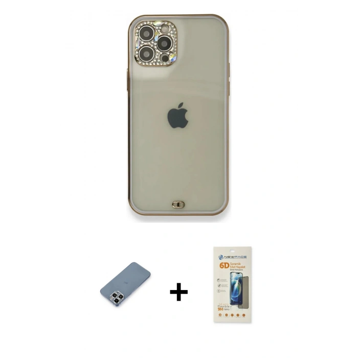 MARSİLYAN™- iPhone 12 Pro Kılıf Eksen Minimal Koleksiyonu - Siyah 6D Mat Seramik Hayalet Nano Ekran Koruyucu + Metal Kamera Lens Koruma Cam - GS