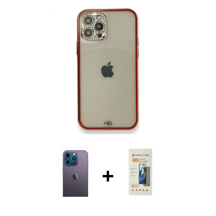 MARSİLYAN™- iPhone 12 Pro Kılıf Eksen Minimal Koleksiyonu - Siyah 6D Mat Seramik Hayalet Nano Ekran Koruyucu + Neon Fosforlu Kamera Lens - MI