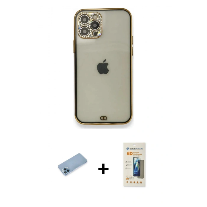 MARSİLYAN™- iPhone 12 Pro Kılıf Eksen Minimal Koleksiyonu - Siyah 6D Mat Seramik Hayalet Nano Ekran Koruyucu + Shine Kamera Lens Koruma Cam - MI