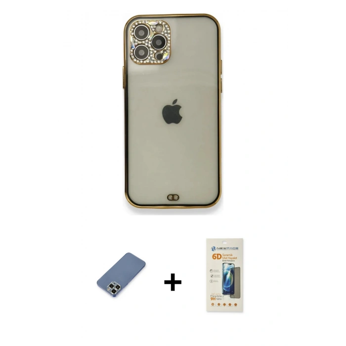 MARSİLYAN™- iPhone 12 Pro Kılıf Eksen Minimal Koleksiyonu - Siyah 6D Mat Seramik Hayalet Nano Ekran Koruyucu + Metal Kamera Lens Koruma Cam - AKYL